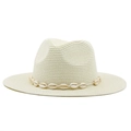 Classic cream woven panama hat with white shell headband and flat wide brim for sun protection - Creamy White