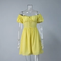 Detail of off-shoulder yellow mini dress with puff sleeves and tie-up drawstring chest - S / Yellow
