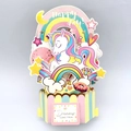 3D Pop-up Karte mit Einhorn, Regenbogen und Donut in Pastellrosa mit Happy Day Text - Einhorn