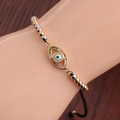 Gold-plated Evil Eye charm bracelet with colorful beads shown on a model wrist - CB0188CX+Mixed Color Chain-Gold Three Tone Round Beads Evil Eye Enamel Pendant