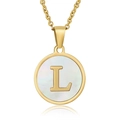 18K gold plated necklace with natural white shell round pendant featuring letter L - White Mother of Pearl Letter L
