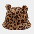 Detailed view of leopard print plush bucket hat featuring cute bear ears and soft faux fur texture - M / Leopard Print