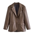 Oversized brown faux leather blazer with notched lapels and two-button closure for women - XS / Brown