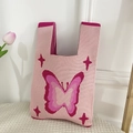 Sweet pink knitted tote bag with dark pink butterfly and star patterns and handle - Pink Butterfly Bag