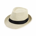 Men's retro panama straw hat in creamy white with a black ribbon decorative band - Adult Size (Approx 58cm) / Monofilament Straw-Beige