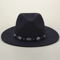 Detail view of the black felt fedora with vintage silver metal oval pattern studs on the band - M (56-58cm) / Rivet Cross Flower Belt Style / Black