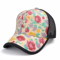 Close-up view of a floral print straw woven mesh trucker cap for summer sunshade - Adjustable / Floral Style B