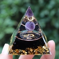 Leo symbol Orgone pyramid with amethyst sphere, gold foil, and black resin base - YB20 Leo [5cm]