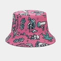 Macro detail of pink canvas bucket hat with black graffiti print and street style patterns - M (56-58cm) / Pink Fashion Print (No. 2)