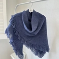 Soft navy blue knit poncho for women with turtle neck and decorative fringe edge - Blue