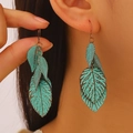 Exaggerated leaf earrings in turquoise blue with vintage oxidized textured finish - Retro Blue-Green Leaf Texture Drop Earrings (DZ-529) / Teal