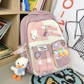 Pink and beige school backpack for girls with cute rabbit plush and astronaut badges - Backpack with Charms and Badges / Pink