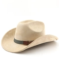 Detailed side view of khaki faux suede cowboy hat with charcoal band and metal ring - M (56-58cm) / Camel