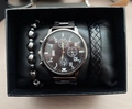Men fashion quartz watch and black bracelet gift set in a luxury black display box - Silver Case Triple Dial