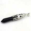 Polished black hexagonal stone pendulum pendant necklace with silver floral filigree setting - Without Chain / Black Crystal
