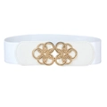 Women's white elastic waist belt featuring a gold metal Chinese knot style buckle - White