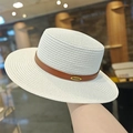 White woven straw boater hat with a brown leatherette band and gold logo plate - White Metal Buckle