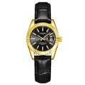 Elegant gold quartz watch with black leather strap and calendar display - Black Strap Gold Case Black Dial Women's