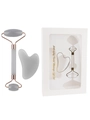 Grey jade facial roller and heart gua sha set in a gift box with rose gold metal accents - 2-Piece Resin Roller Clear Gray + Gift Box
