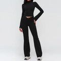 Women's black yoga set with stand collar zipper top and high waist flared pants - S / Top And Bottom (Jacket & Flared Pants) / Premium Black
