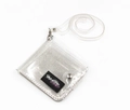 Close-up of glitter transparent PVC card holder with silver snap and detachable neck strap - Clear