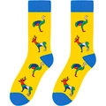 Detailed knit of yellow and blue crew socks featuring colorful ostrich and deer patterns - One Size / Yellow Ostrich Deer (A1828)