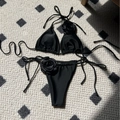 Solid black two-piece bikini set with oversized handmade 3D rose flower accents - Black