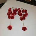 Detail of red rose tassel earrings with gold chain and pearl on grey leather background - Silver Pin Red Rhinestone Waterdrop Flower Pearl Tassel Studs (2#)