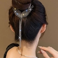 Crystal wing hair clip with long tassel fringes on an elegant bridal updo - 231217 Black Wing Tassel Hair Clip