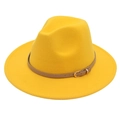 Detail shot of the bright yellow fedora hat showing the khaki leather band and gold buckle - M (56-58cm) / Yellow