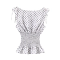 French vintage polka dot off-shoulder top with smocked waist and tie-shoulder details - XS / Polka Dot