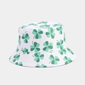 Detail of shamrock print on durable cotton fabric for St. Patrick's Day sun hat - White Scattered Shamrock (Color 3)