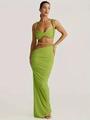 Detail of green halter top and ruched maxi skirt with woven rope ties and side slit - Grass Green