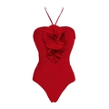 Red halter one-piece swimsuit featuring a large 3D floral decoration on the front - S / Single Red Halter Swimsuit