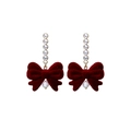 Red flocked bow earrings with four crystals and a pearl drop in a wine red finish - E4710-4 Quad Crystal Pearl Bow Style