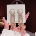 Elegant S925 silver long fringe earrings featuring large pearls and sparkling rhinestones - Pearl Tassel (E0206)