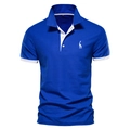 Detail of deer embroidery on royal blue cotton pique polo shirt with white contrast collar - Sapphire Blue