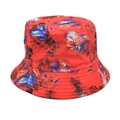 Detail of red bucket hat featuring abstract colorful spray paint print and reinforced stitching - M (56-58cm) / Red & Blue Splatter Print (2#)