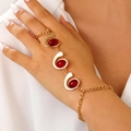 Bohemian gold slave bracelet with spiral red gemstones and intricate ring chain - 33kc Gold 9926