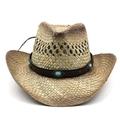 Detail of straw cowboy hat featuring turquoise bead on leather band and wind rope - Adjustable / Khaki (03)