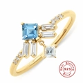 S925 sterling silver gold ring with princess cut light blue gem and square zircon dangle - US 8 / Gold - Blue Stone Square Dangle Style 3