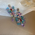 Exquisite multi-color gemstone flower drop earrings with purple resin teardrops - Retro Multi-color Gem Floral Style (33#)
