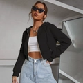 Cropped black zip-up hoodie with hood in a trendy street style aesthetic for women - S / Black