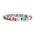 Detail of red, white and green heishi clay beads bracelet with a white cross charm - Elastic Style / Color 14
