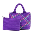 Deep purple woven tote bag with green stripes and matching mini zipper pouch set - Purple