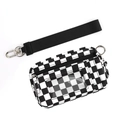 Detail of checkered card holder with clear ID window and detachable black wrist lanyard - Card Slot Version Grid
