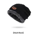 Men's winter knit beanie in black with thick gray fleece lining and leather label - Hat Only / Black
