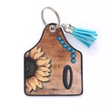 Leather sunflower keychain with blue tassel and number 0 print on white background - Letter O