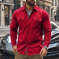 Men's slim-fit casual long-sleeve work shirt in solid red with dual flap chest pockets - Burgundy