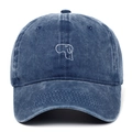 Close-up of navy washed denim baseball cap with minimalist dog outline embroidery - One Size / Navy Blue
